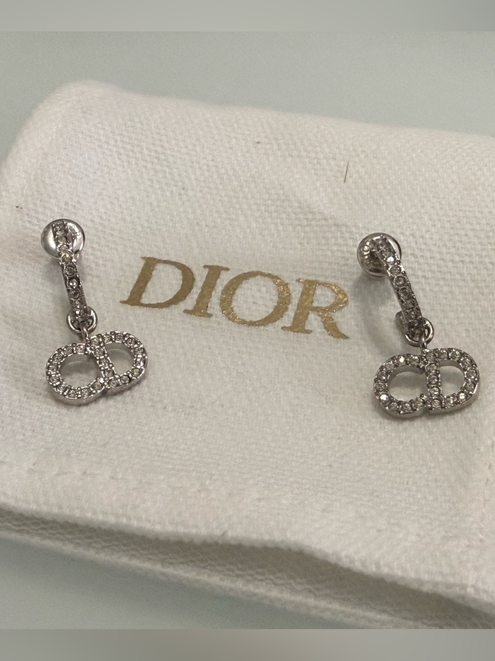 Dior Silver Crystal CD Drop Earring